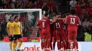 Selebrasi para pemain Portugal saat Joao Felix cetak gol ke gawang Wales di UEFA Nations League 2026/2027. (Sumber: web/tntsports.co.uk)