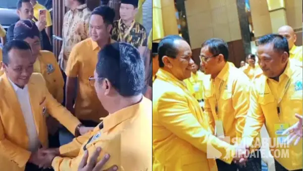 Bupati Sukabumi Asep Japar (kiri) dan Ketua DPRD Kabupaten Sukabumi Budi Azhar Mutawali (kanan) saat bersalaman dengan Ketum DPP Golkar Bahlil Lahadalia | Foto : Sukabumiupdate