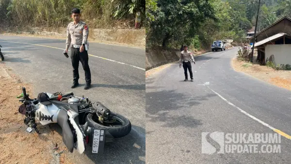 TKP kecelakaan maut pemotor Vixion asal Pandeglang meninggal dunia usai tabrak truk tronton di Cisarakan Simpenan Sukabumi, Minggu (27/9/2026). (Sumber Foto: Dok. Polres Sukabumi)