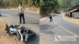TKP kecelakaan maut pemotor Vixion asal Pandeglang meninggal dunia usai tabrak truk tronton di Cisarakan Simpenan Sukabumi, Minggu (27/9/2026). (Sumber Foto: Dok. Polres Sukabumi)