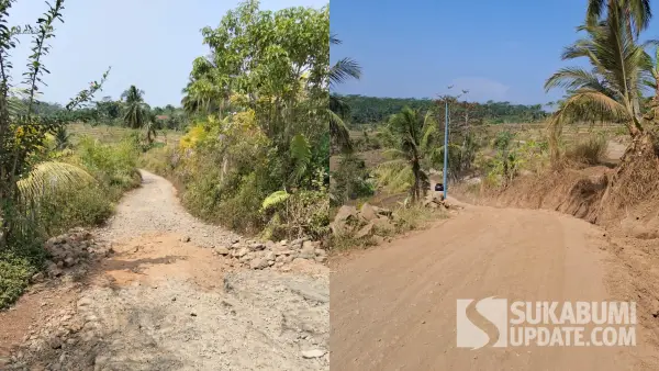 Dulu berbatu (kiri) sekarang berdebu (kanan), pengguna jalan pertanyakan kejelasan pengerjaan jalan Kabupaten di Kadaleman Surade Sukabumi. (Sumber Foto: Istimewa)