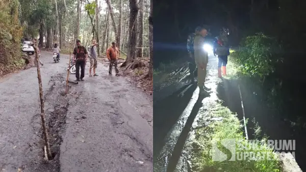 Kondisi ruas Jalan Cipanas yang mengalami retakan dan jalan desa di Cihamerang yang longsor setelah hujan deras, Kamis (1/10/2026). (Sumber Foto: Istimewa)