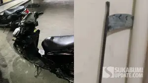 Motor yang ditumpangi pelajar yang terluka dan sajam sabit yang disita polisi dalam kasus duel antarpelajar SMP di Sukabumi. (Sumber Foto: Dok. Polsek Cibadak)