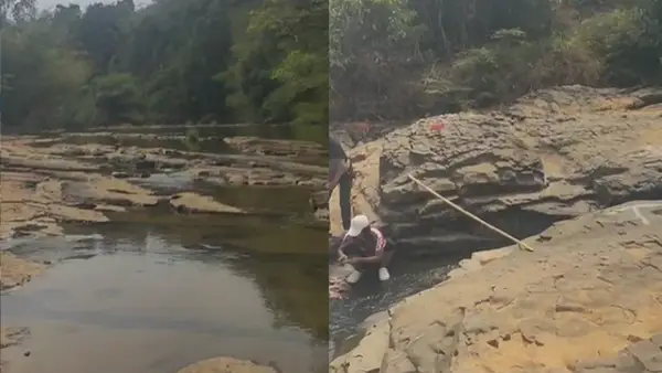 Warga mengambil air dari sisa aliran Sungai Ciletuh di kawasan Curug Awang, Desa Cibenda, Kecamatan Ciemas, Kabupaten Sukabumi. (Sumber : Dok warga).