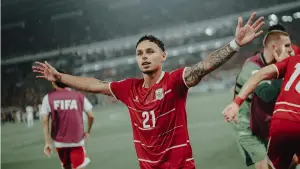Selebrasi Dean James setelah cetak gol untuk Timnas Indonesia menghadapi Thailand di Final FIFA ASEAN Cup 2026. (Sumber : Instagram/@timnasindonesia)
