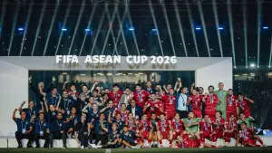 Perayaan juara Timnas Indonesia setelah mengalahkan Thailand di babak final FIFA ASEAN Cup 2026. (Sumber: Instagram/@officialjohnherdman)