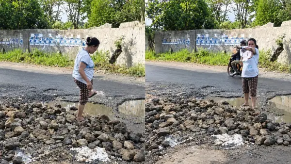 Tangkapan layar emak-emak di Kota Sukabumi yang menambal jalan Lio Santa yang mengalami kerusakan cukup parah. (Sumber: Dok Warga)