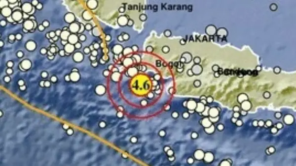 Episenter gempa bumi M4,6 di Muarabinuangeun Banten, Senin (12/10/2026) pukul 12.19 WIB. (Sumber Foto: BMKG)