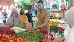 Pencatat harga Bahan Kebutuhan Pokok dan Penting (Bapokting) PSM Palabuhanratu, Maulana, saat mengecek harga Cabai Keriting, Senin (12/10/2026). (Sumber : SU/Ilyas).