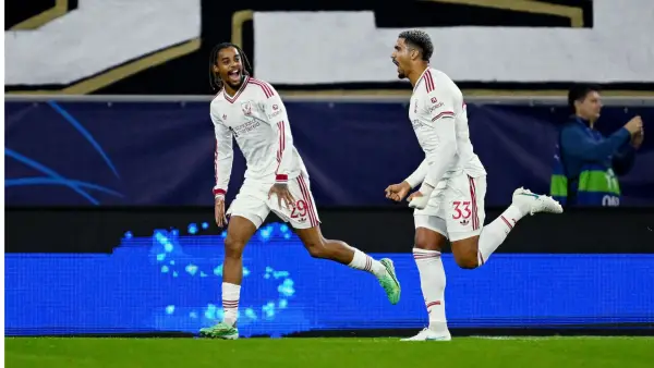 Selebrasi Ronald Araujo setelah cetak gol untuk Liverpool atas Lask di Liga Champions (Sumber: web/reuteus.com)