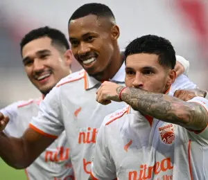 Pemain Borneo FC Samarinda merayakan gol saat menghadapi Java United di Super League (Sumber : borneofc.id)