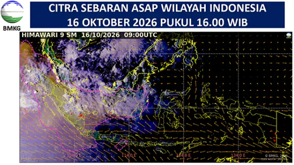 Citra Sebaran Asap Wilayah Indonesia Jumat (16/10/2026), pukul 16.00 WIB. (Sumber : BMKG).