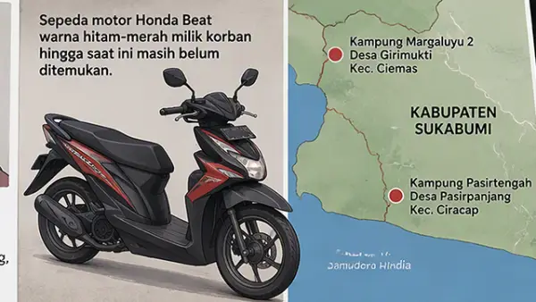 Ilustrasi AI -  Motor korban dan mayat perempuan ditemukan di Ciemas Kabupaten Sukabumi. (Sumber : AI/Copilot).