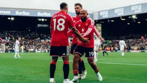 Aksi Bryan Mbuemo setelah cetak gol ke gawang Leeds United di Liga Inggris. (Sumber: web/manutd.com)