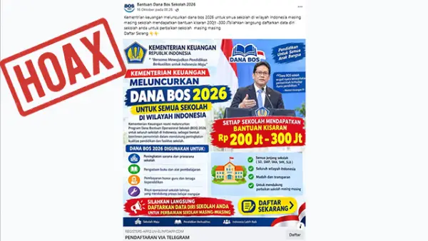 Cek Fakta: Tautan Pendaftarn Dana BOS 2026 di media sosial Facebook tidak benar. (Sumber : Facebook).