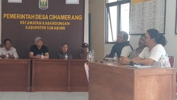 Suasana audiensi tegang di Kantor Desa Cihamerang, Kabandungan Sukabumi. Haji Iyad (berbaju putih, rambut dikuncir), mempertanyakan transparansi realisasi dana cut and  KDMP. (Sumber Foto: Tangkapan layar video/Istimewa)