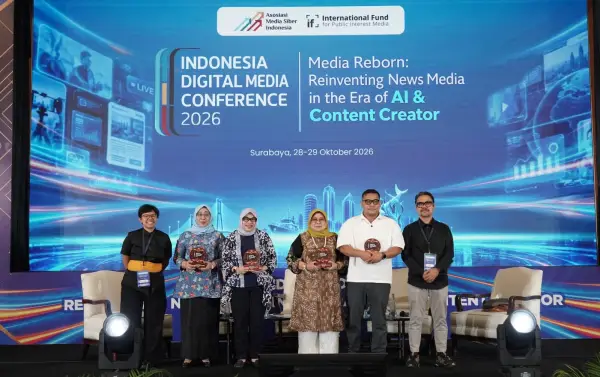 Panel 3 Indonesia Digital Media Conference (IDMC) 2026 bertajuk “Peluang Kolaborasi Media dan Industri Kreatif di Era Konten Digital”, di Shangri-La Hotel, Surabaya, Rabu 28 Oktober 2026 (Sumber: dok AMSI)