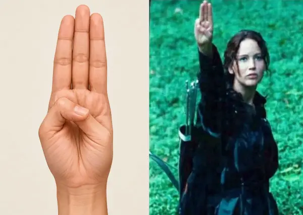 Di dunia The Hunger Games, salam tiga jari berkembang menjadi lambang pemberontakan terhadap Capitol. (Sumber : Istimewa)