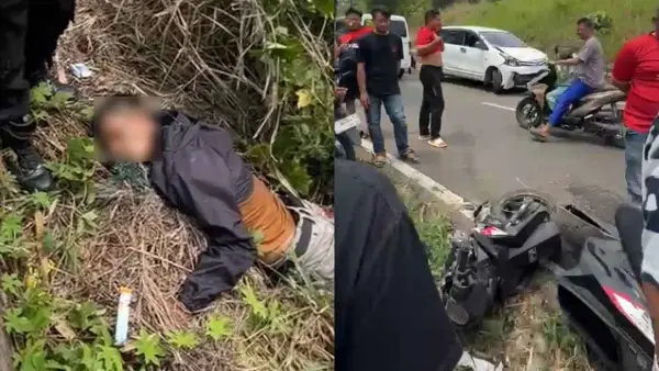 Terduga maling motor saat terkapar di parit usai tabrak mobil pengejar di Cikundul Sukabumi. (Sumber Foto: Tangkapan layar video/Istimewa)
