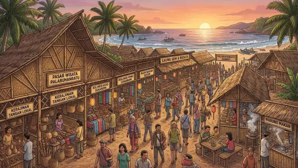Ilustrasi pasar wisata di pesisir Pantai. (Sumber Foto: AI)